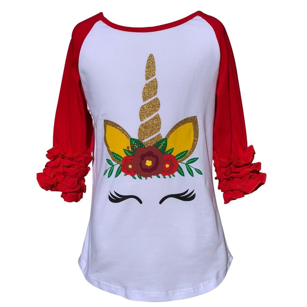 Little Girl Kids Toddler Long Sleeve Ruffle Unicorn Glitter Floral Flower Top